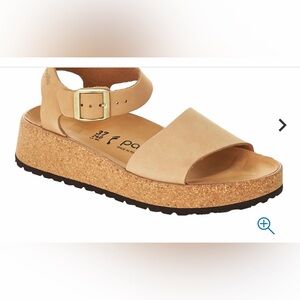 Birkenstock Tan Cork Platform Sandals with Gold Buckle